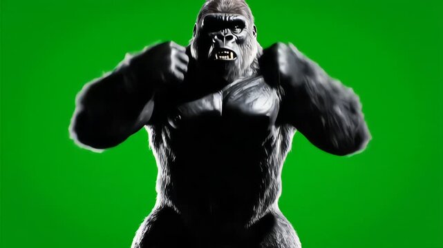 Massive silverback gorilla beating its chest on green screen, displaying dominance and intense power ideal for cinematic action or wildlife VFX