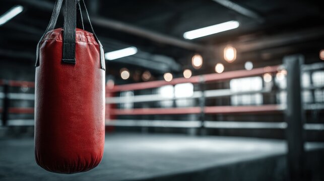 Red Punching Bag Hangs Ready for Training in an Empty Boxing Ring During Evening Practice Hours