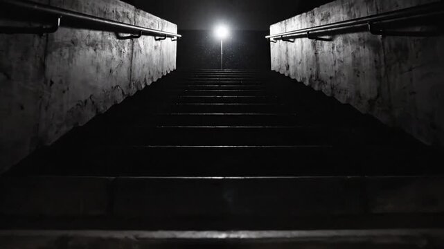 Ascending Dark Concrete Steps Towards a Bright Light at the Top