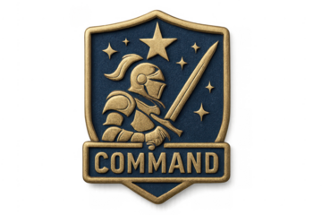 Knight emblem with sword, star and command word