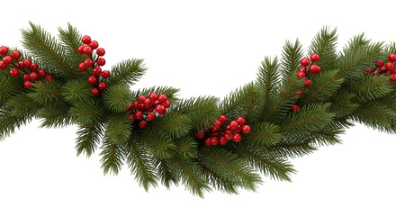 Vibrant evergreen festive garland with bright red berries, perfect for Christmas and winter holiday decorations, adding a touch of natural beauty and cheerful seasonal charm to any design