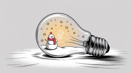 Cartoon illustration of a snowman in a clear glass light bulb on a snowy background.