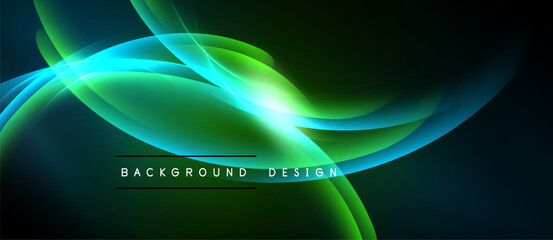 Abstract flowing lines, vibrant green, blue hues. Dark background creates dynamic visual effect. Modern design element.