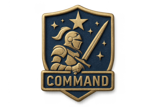Knight emblem with sword, star and command word