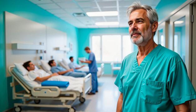 Senior male doctor in scrubs observing patients in hospital room - Concept of Walking pneumonia  