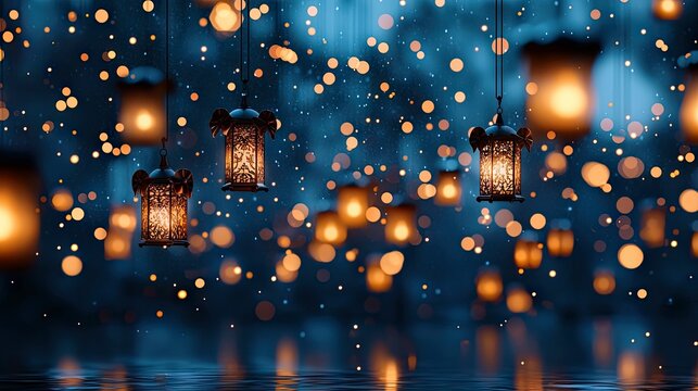 Decorative lanterns hang in the dark, illuminated by warm bokeh lights and a subtle blue glow, creating a magical night atmosphere.