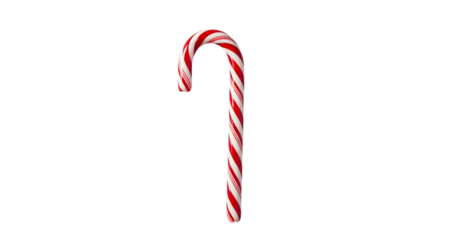 Classic striped peppermint candy cane with festive red and white patterns, a sweet treat traditionally enjoyed during winter holidays and celebrations, presented against a clean white background