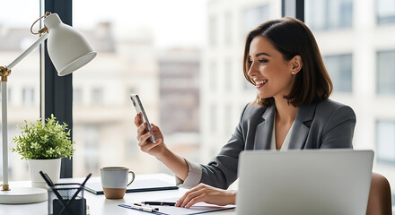 A young woman in a blazer smiles while looking at her smartphone in a bright office setting.