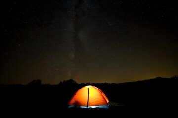 Illuminated Tent Under Milky Way Night Sky