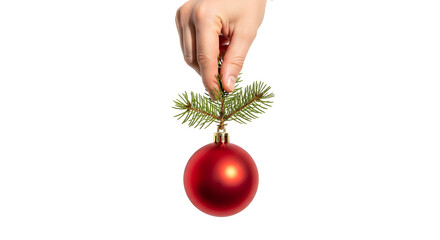 Human hand holding a vibrant red Christmas bauble on an evergreen branch, symbolizing festive decoration and holiday cheer against a clean white background