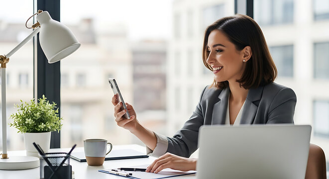 A young woman in a blazer smiles while looking at her smartphone in a bright office setting. - Powered by Adobe