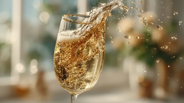A sparkling drink splashes elegantly in a glass, surrounded by soft lighting and blurred floral decor, creating a festive and refreshing atmosphere.