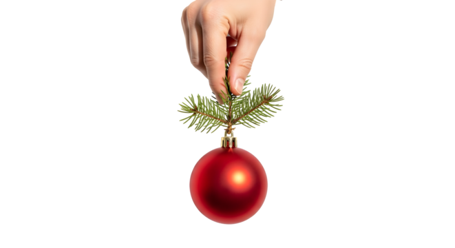Human hand holding a vibrant red Christmas bauble on an evergreen branch, symbolizing festive decoration and holiday cheer against a clean white background