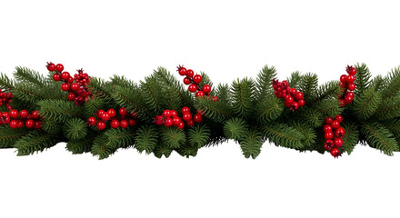 Vibrant holiday garland featuring lush green evergreen branches intricately intertwined with bright red berries, creating a festive and decorative border element perfect for seasonal designs