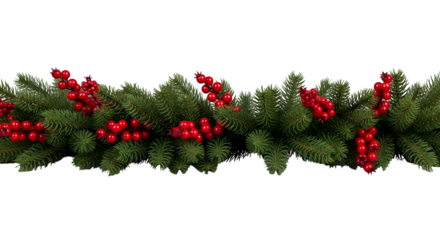 Vibrant holiday garland featuring lush green evergreen branches intricately intertwined with bright red berries, creating a festive and decorative border element perfect for seasonal designs