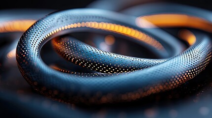 Close-up view of two intertwined metallic rings with a perforated surface, illuminated by warm bokeh lights in the background. Abstract, technological, futurist