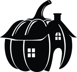 Whimsical pumpkin house silhouette with chimney and windows