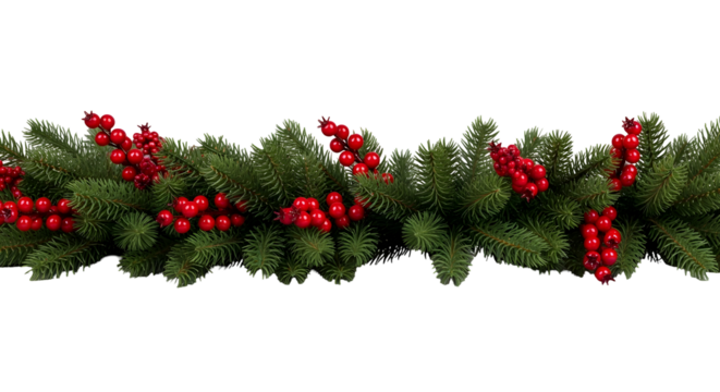Vibrant holiday garland featuring lush green evergreen branches intricately intertwined with bright red berries, creating a festive and decorative border element perfect for seasonal designs