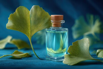 Glass bottle of blue liquid surrounded by ginkgo leaves on soft fabric, showcasing natural beauty and elegance in a serene, tranquil setting with copy space
