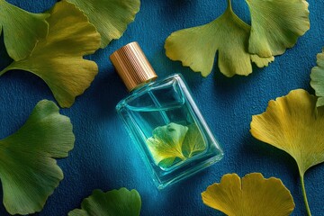 Elegant glass perfume bottle with golden cap surrounded by vibrant ginkgo leaves on textured blue background, showcasing beauty and nature in harmony