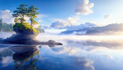 A serene landscape featuring a rocky island with evergreen trees, surrounded by calm water reflecting the sky. Mist hovers over the water, with mountains in the