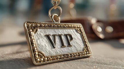 A close-up of a golden VIP badge resting on a surface, highlighting its intricate design and luxurious appearance.