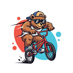 Fototapeta premium A cool cartoon bear wearing sunglasses and a backwards cap does a wheelie on a red BMX bike.