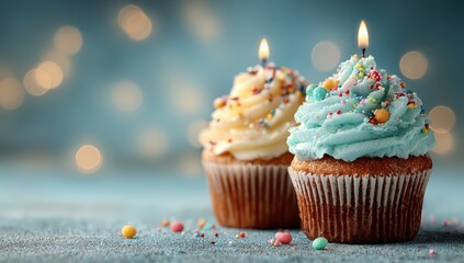 Colorful cupcakes with blue and yellow frosting, topped with sprinkles and candles, are displayed on a textured surface, creating a festive atmosphere for celebrations and special occasions