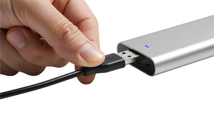 A hand plugs a black USB cable into a silver portable electronic device, initiating a digital connection for data transfer and power supply, with a blue indicator light showing readiness