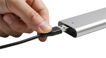 A hand plugs a black USB cable into a silver portable electronic device, initiating a digital connection for data transfer and power supply, with a blue indicator light showing readiness