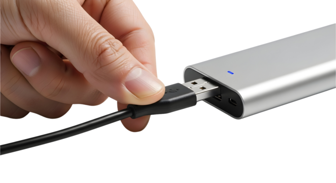 A hand plugs a black USB cable into a silver portable electronic device, initiating a digital connection for data transfer and power supply, with a blue indicator light showing readiness - Powered by Adobe