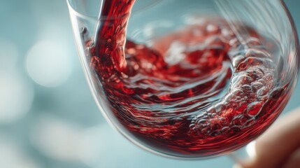 Fototapeta premium A close-up image of red wine being poured into a glass, showcasing the swirling liquid and bubbles against a blurred background.