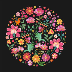 Beautiful round floral embroidery ornament on black background. Embroidered flowers in pink, yellow and orange tones.
