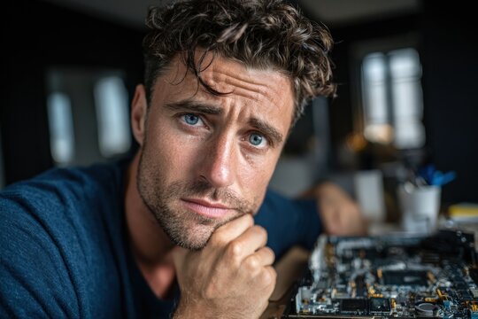 Young man with curly hair, wearing a blue shirt, is thoughtfully examining a computer motherboard in a modern workspace, showcasing concentration and technical expertise