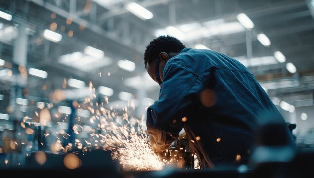 Worker grinds metal, sparks fly in an industrial factory