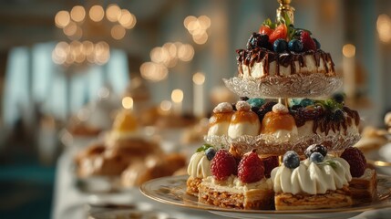 A beautifully arranged tiered dessert display featuring a variety of pastries topped with fresh fruits, set against a soft, blurred background.