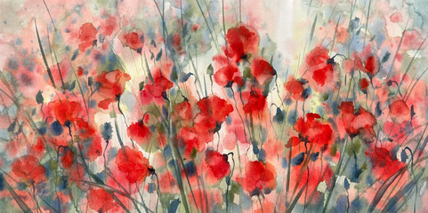 Red poppies field in sunset abstract watercolor background
