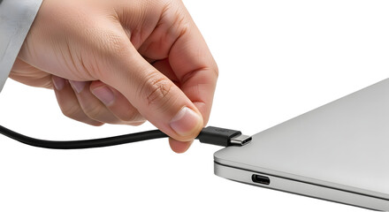 Hand smoothly connecting a versatile universal serial bus type C cable into the port of a sleek, portable computing device, highlighting the effortless process of modern power and data transfer