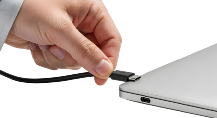 Hand smoothly connecting a versatile universal serial bus type C cable into the port of a sleek, portable computing device, highlighting the effortless process of modern power and data transfer