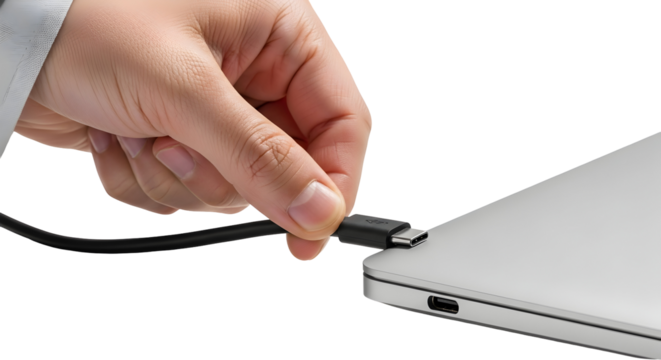Hand smoothly connecting a versatile universal serial bus type C cable into the port of a sleek, portable computing device, highlighting the effortless process of modern power and data transfer