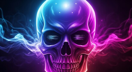 Neon glowing skull with vibrant blue and pink smoke effects on dark background