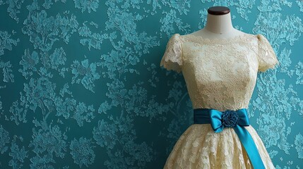 Mannequin wearing an elegant, vintage-style ivory dress with a blue sash and floral detail
