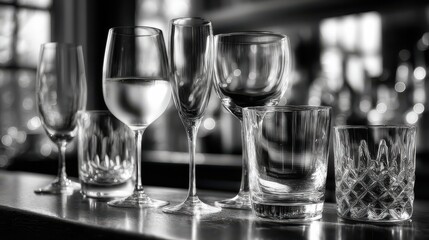 A row of elegant glassware in black and white, showcasing various shapes and sizes, reflecting light and creating a sophisticated atmosphere.