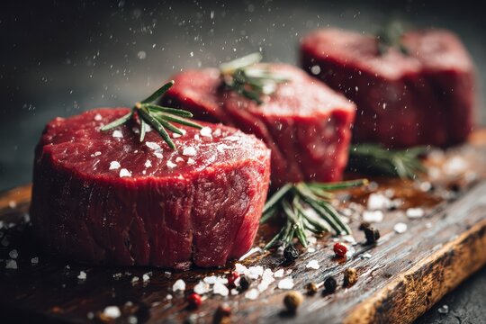 Moody still life of raw beef filets with herb garnish on a dark wooden board