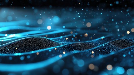 An abstract digital art piece featuring undulating blue waves and a field of glowing particles, with soft bokeh lights in the background, creating a futuristic