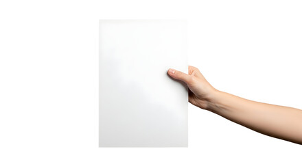 Human hand gracefully presenting a pristine, blank white paper sheet, offering generous copy space for custom text, messages, or advertisements on a clean, isolated background