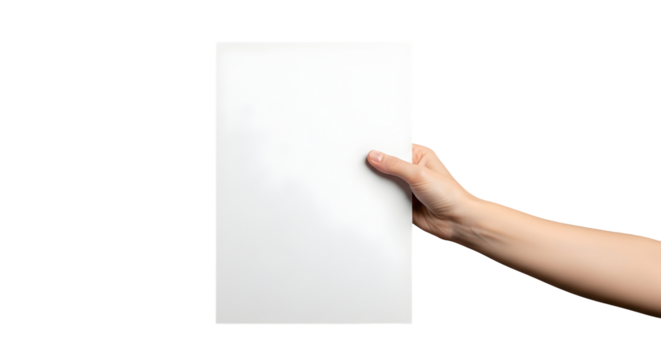 Human hand gracefully presenting a pristine, blank white paper sheet, offering generous copy space for custom text, messages, or advertisements on a clean, isolated background