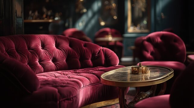 A luxurious velvet seating area with a rich burgundy couch and elegant table, illuminated by soft lighting, creating an inviting atmosphere.