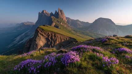 Morning light on rugged Dolomites peaks with blooming purple wildflowers and expansive valley