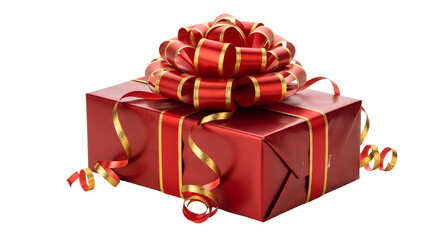 Beautifully wrapped vibrant red present adorned with an elaborate golden ribbon bow, symbolizing joy and celebration for special occasions and heartfelt moments